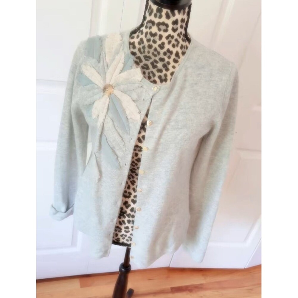 Vintage Y2K Blue Green Wool & Rabbit Hair Cardigan with Floral Applique Size S